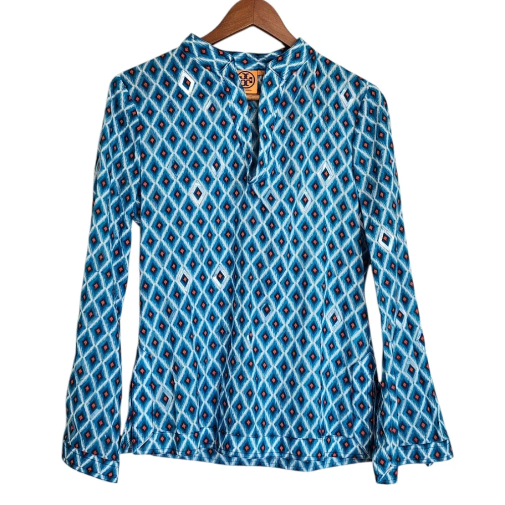 Tory Burch Blue Ikat Geometric Diamond Tunic Top-Mirrored Accents Size 4